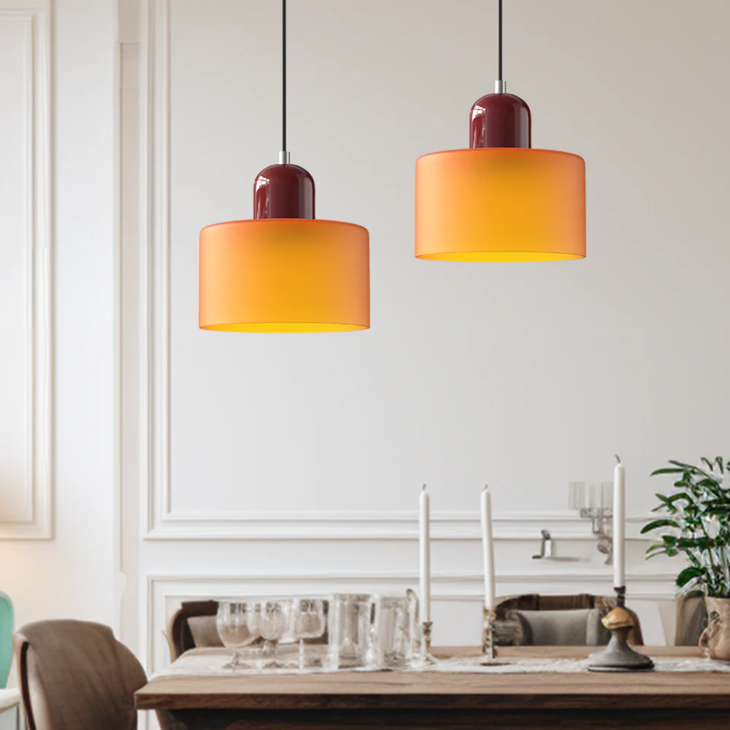 Retro Hanglamp met Oranje Glazen Kap & Groene Bovenzijde