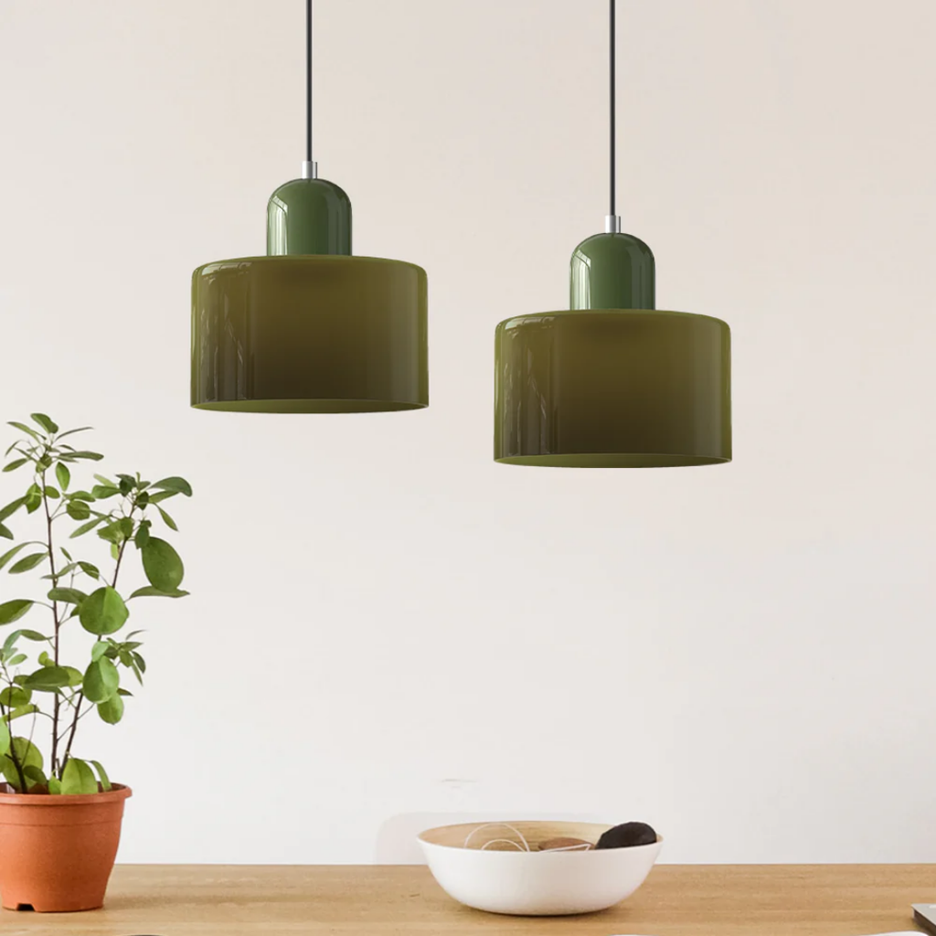 Retro Hanglamp met Oranje Glazen Kap & Groene Bovenzijde