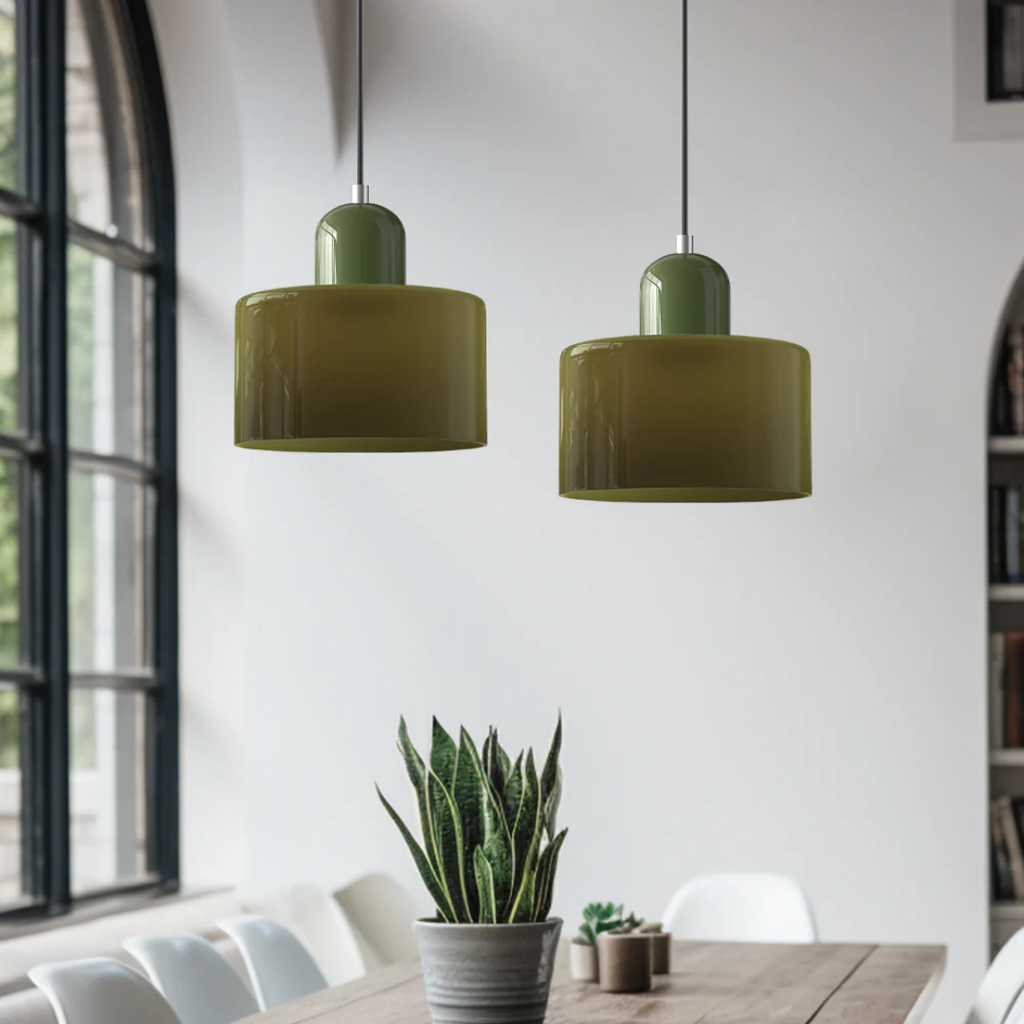 Retro Hanglamp met Oranje Glazen Kap & Groene Bovenzijde