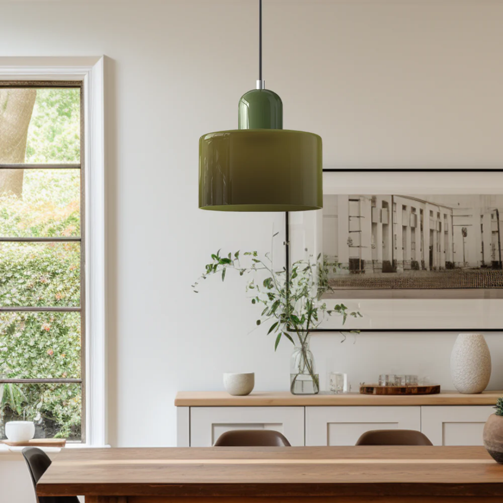 Retro Hanglamp met Oranje Glazen Kap & Groene Bovenzijde