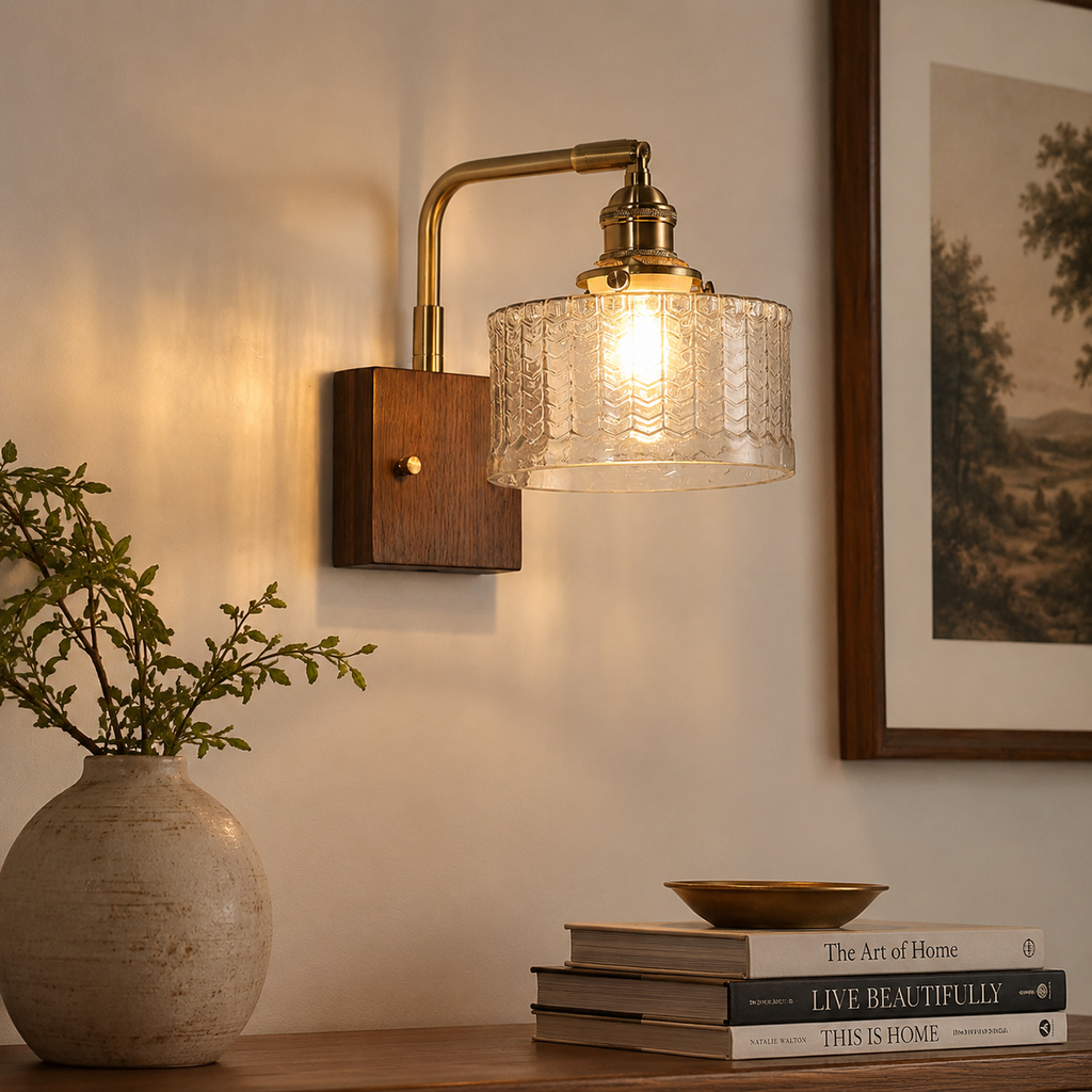 Elegante Groene Wandlamp met Houten Basis & Glazen Kap