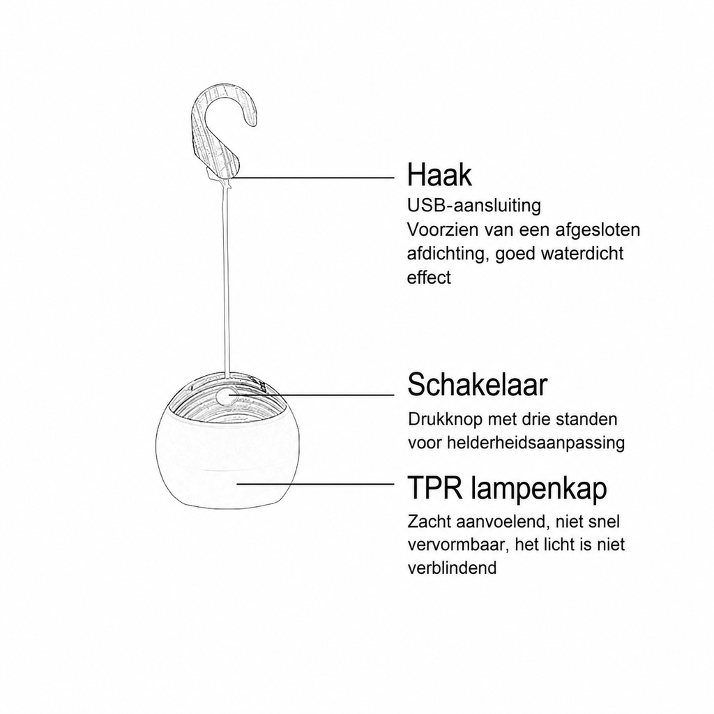 Draagbare USB LED Buitenlamp –  Hanglamp met Haak en 12 Uur Brandtijd