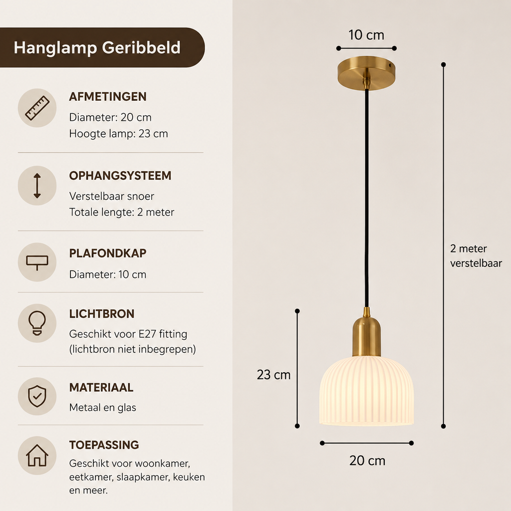 Geribbelde Glazen Hanglamp met Messing | Scandinavisch Design