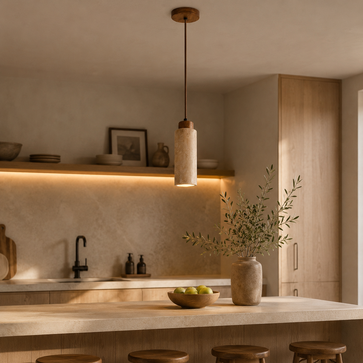 Travertin Hanglamp met Houten Detail | Japandi Design