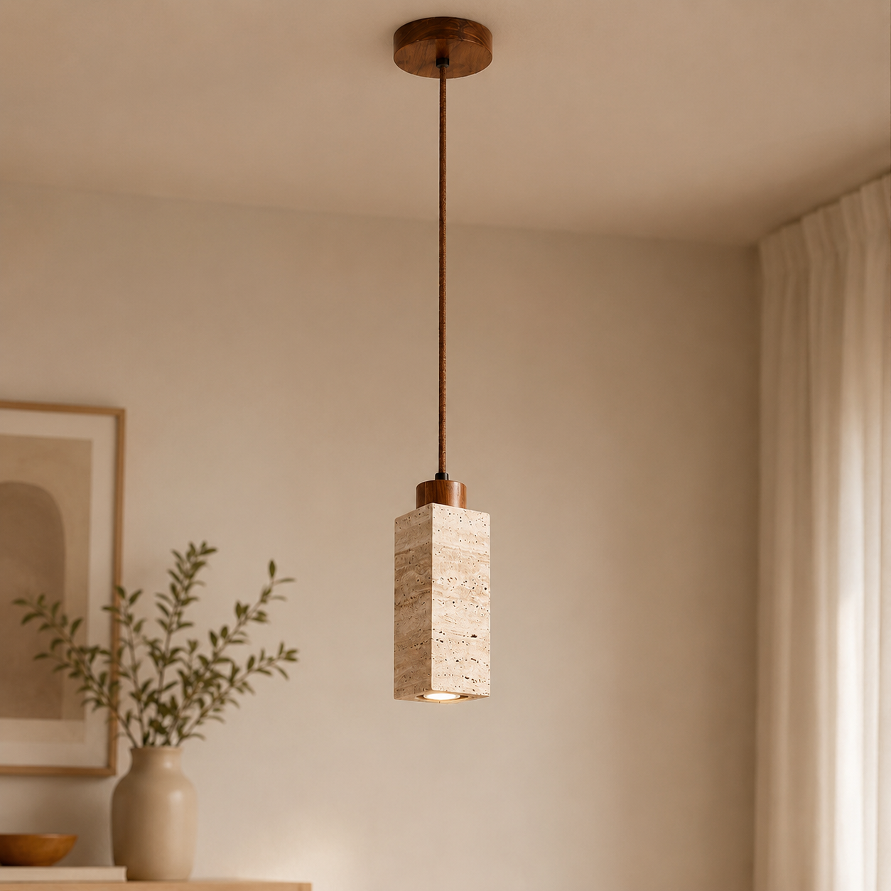 Travertin Hanglamp met Houten Detail | Japandi Design