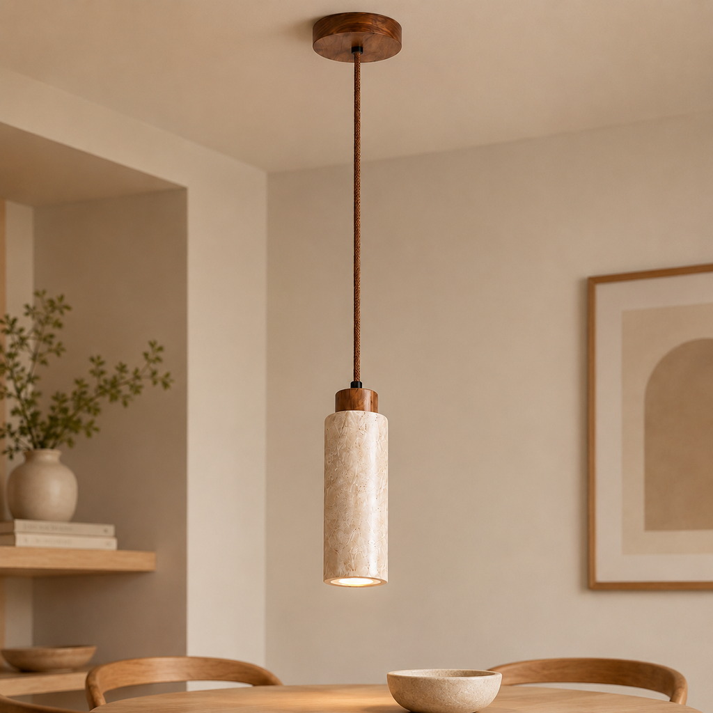 Travertin Hanglamp met Houten Detail | Japandi Design