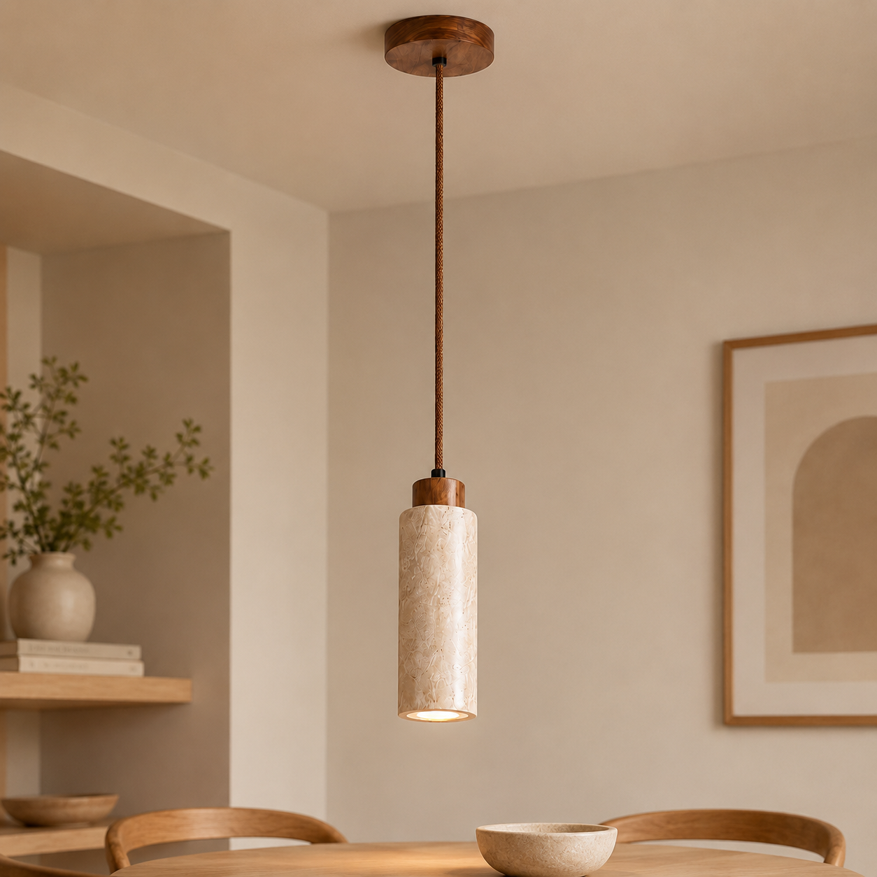 Travertin Hanglamp met Houten Detail | Japandi Design
